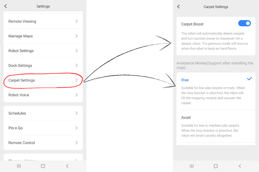 Einstellungen für den Umgang mit Teppichen werden in der Roborock S7 MaxV App getroffen